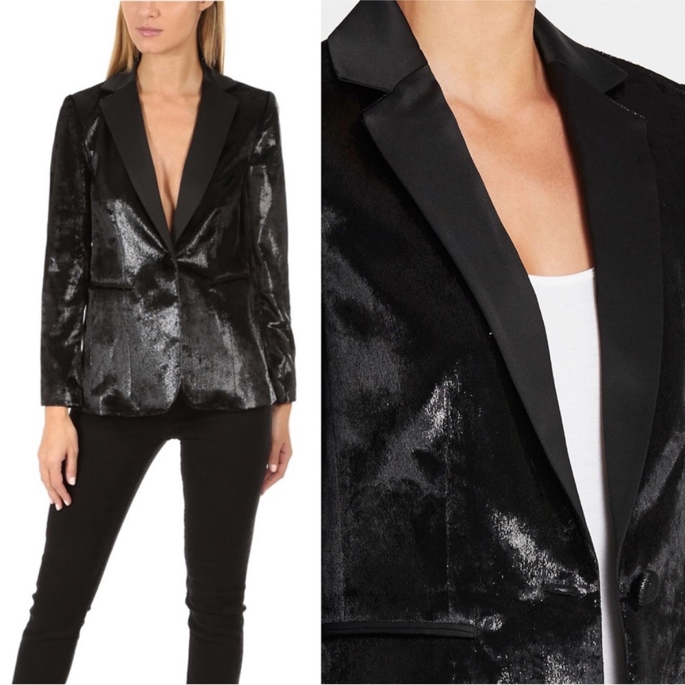 Frame Denim Shimmering Black Velvet Blazer 2 RARE